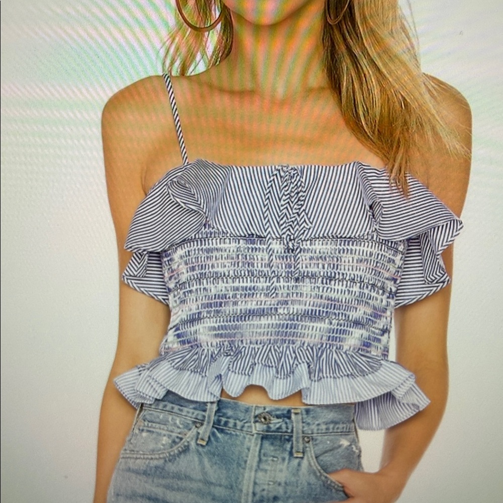 NWOT Endless Rose Blue and White Striped smocked Ruffle Top